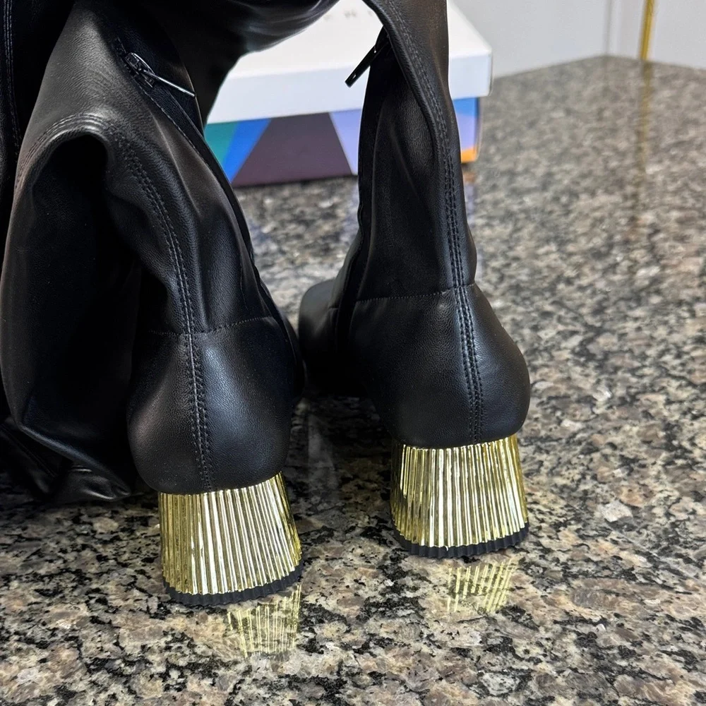 Katy Perry Clara Black square toe Over the Knee Boots with Gold Heel NEW